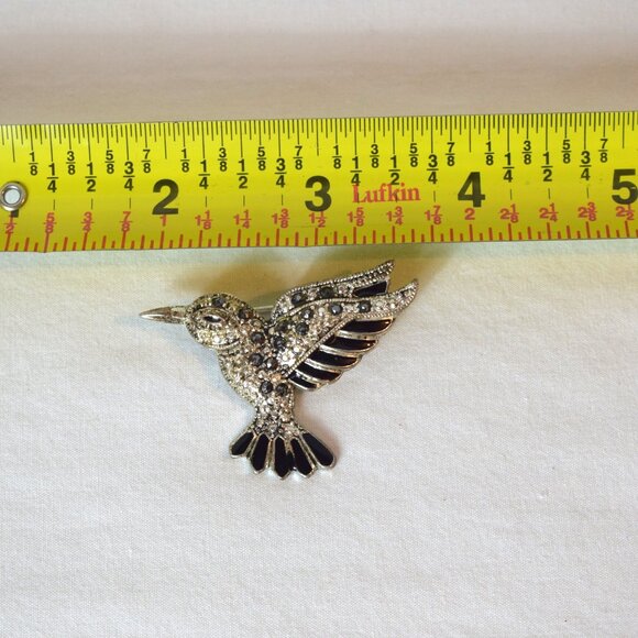 Vintage SilverTone Hummingbird Pin Brooch with Black Enamel and Marcasite Stones - Picture 2 of 3